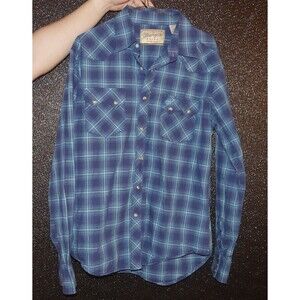 WRANGLER RETRO MEN'S BLUE LARGE PLAID LONG SLEEVE WESTERN SHIRT Pearl Snap M